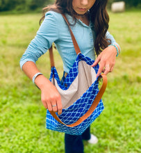 Load image into Gallery viewer, Large Blue &amp; White Bag with Brown Straps