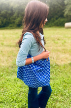 Load image into Gallery viewer, Large Blue &amp; White Bag with Brown Straps