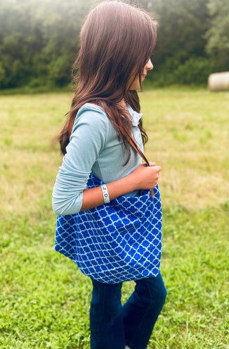 Large Blue & White Bag with Brown Straps