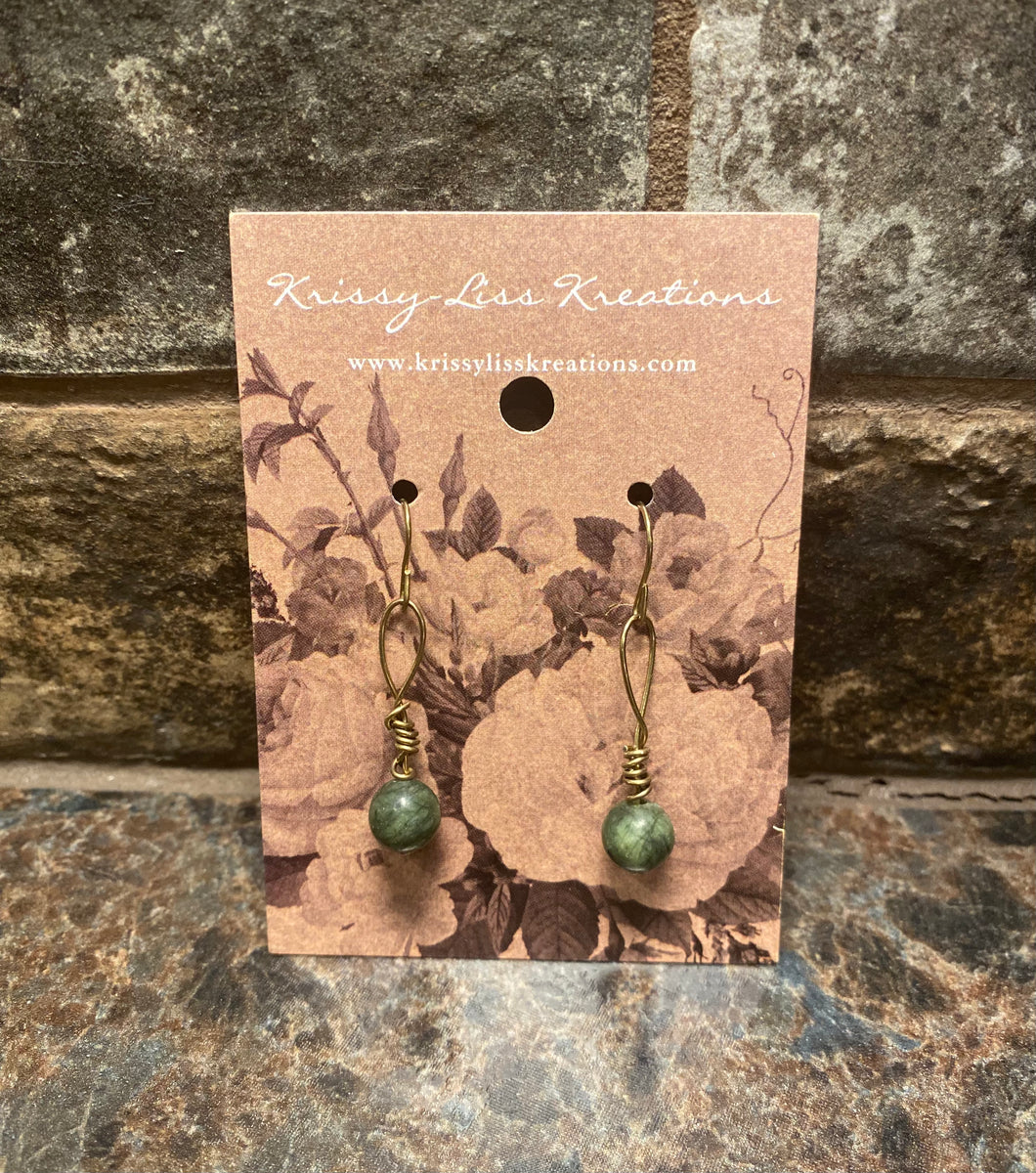 Green Single Bead Twisted Wire Earrings