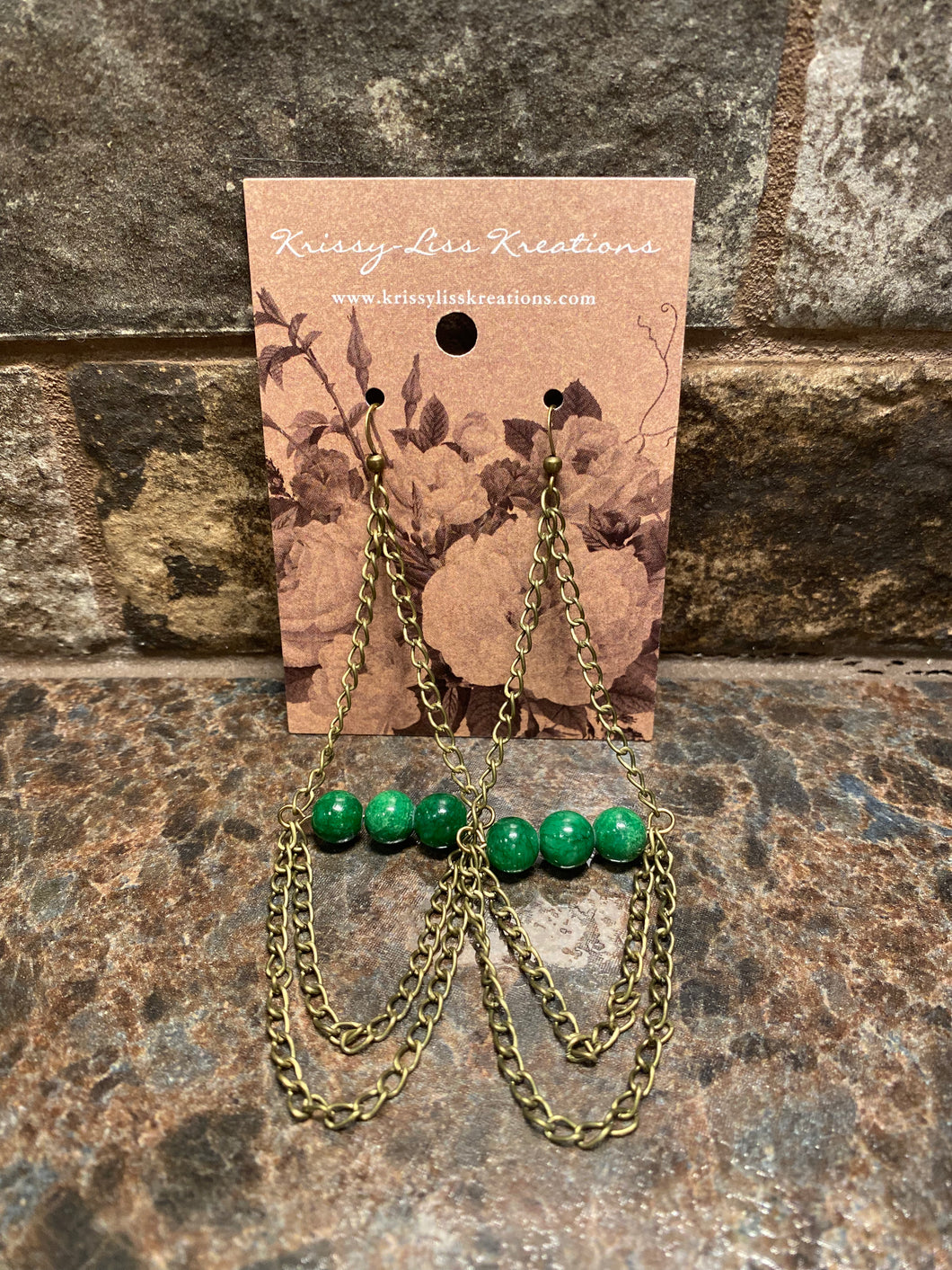 Green Bead and Chains Earrings