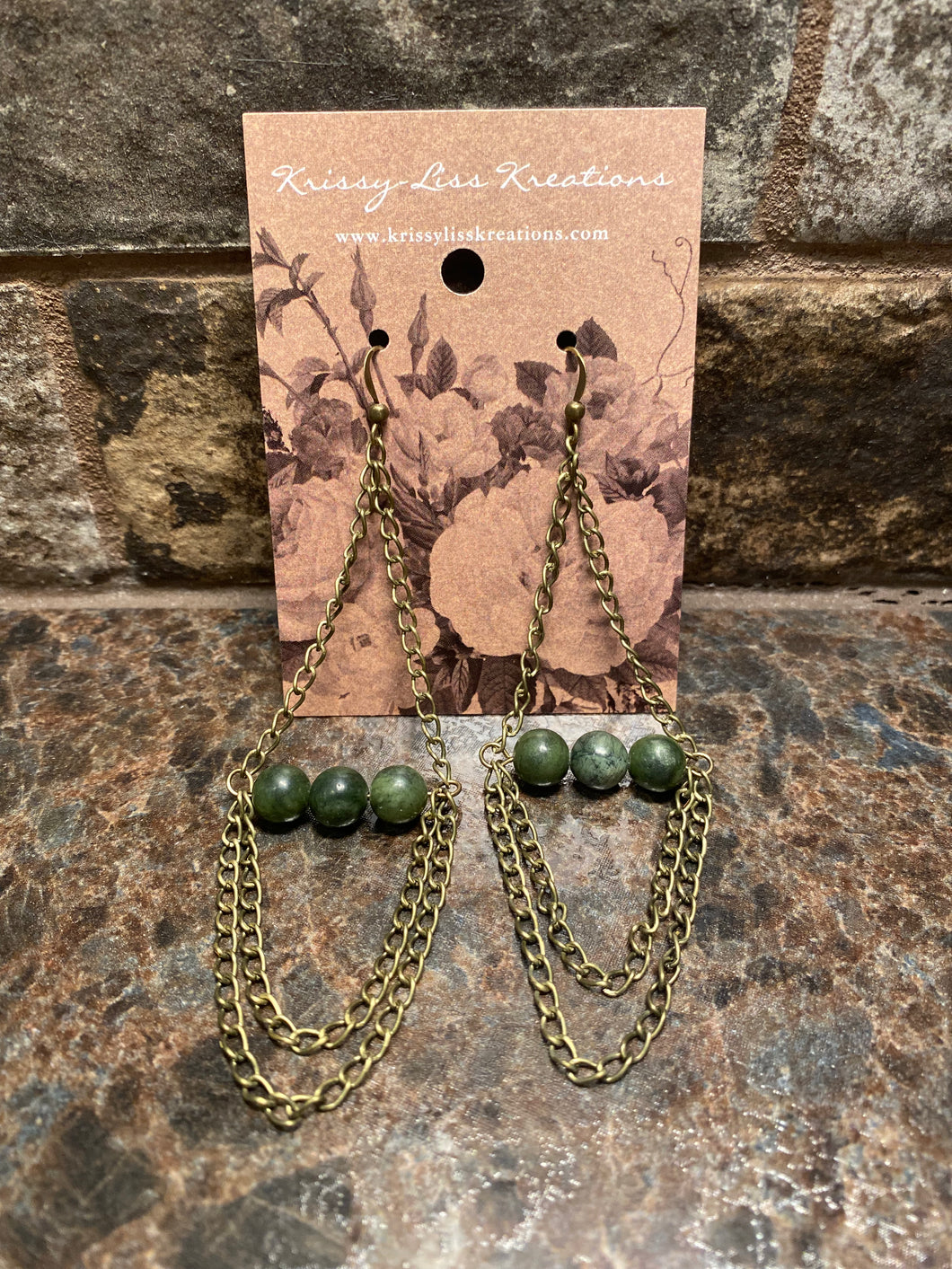 Dark Green Beads and Chains Earrings