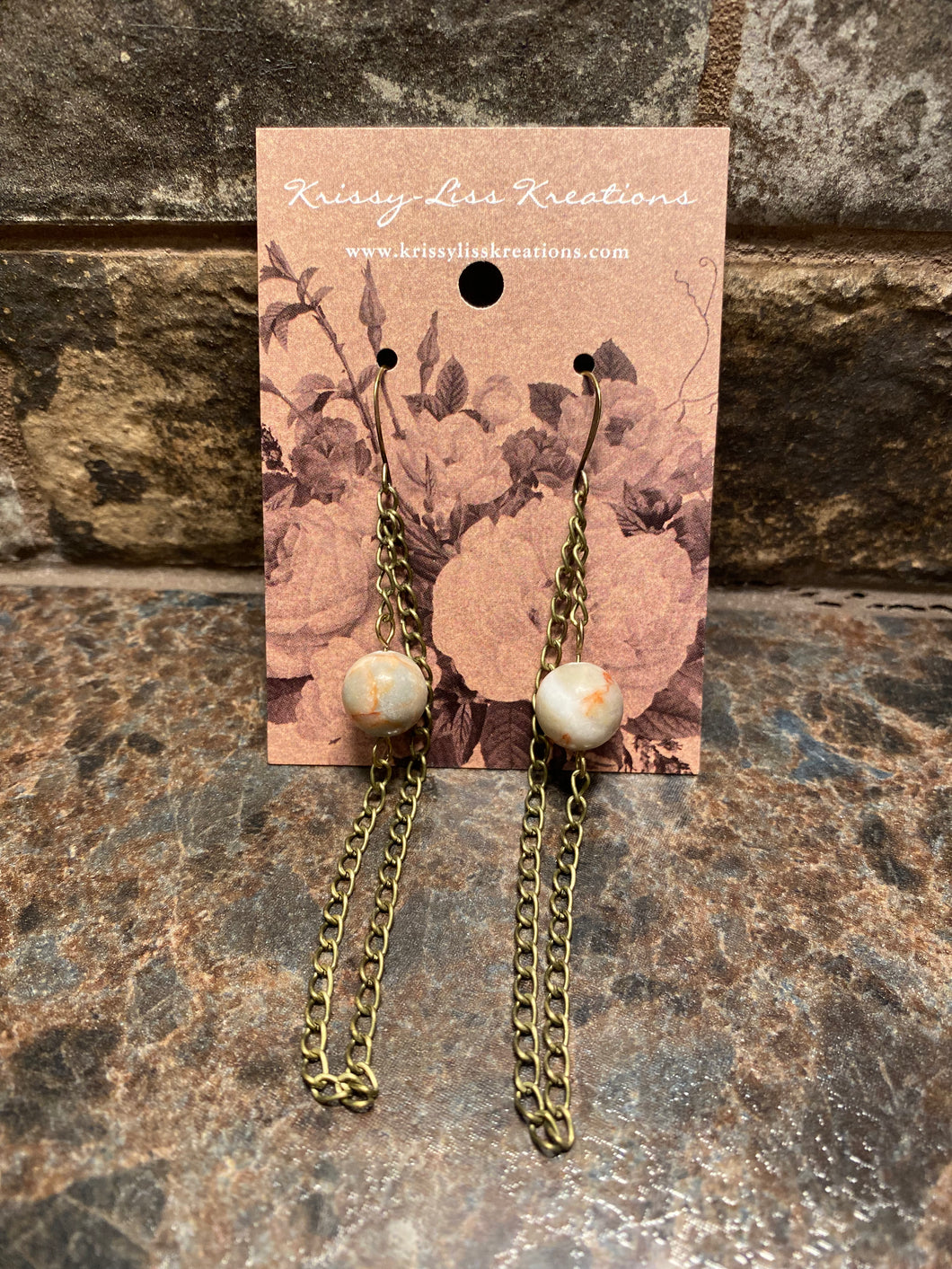 Cream/Rust Bead and Chain Earrings