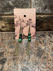 Green Bead and Chain Earrings