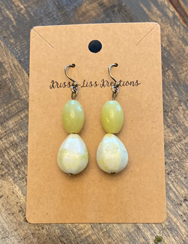 Two Bead Green & White Earrings