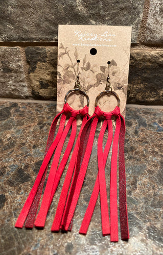 Red Leather Fringe Circle Earrings