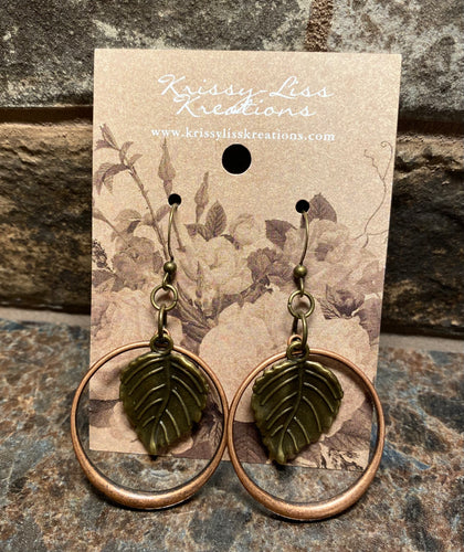 Copper Circle Leaf Earrings