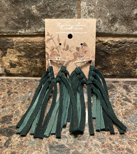 Rough Dark Green Leather Triangle Earrings