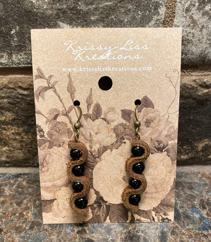 Brown Leather Swirl & Bead Earrings