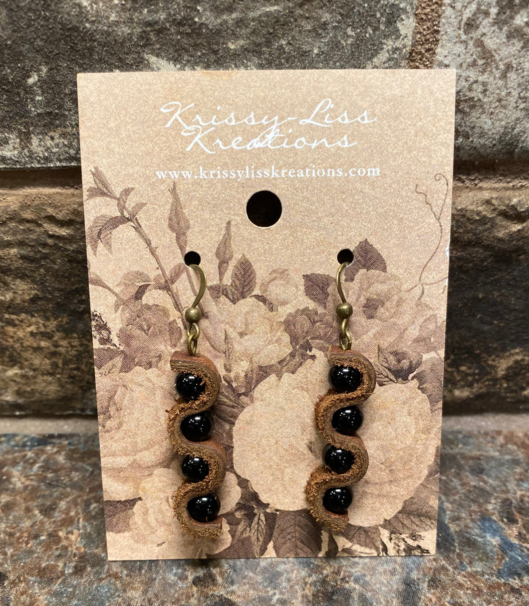 Brown Leather Swirl & Bead Earrings