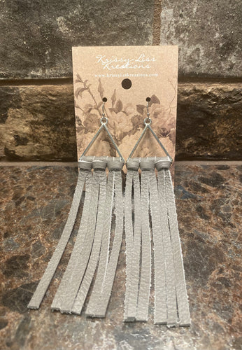 Grey Leather Triangle Fringe Earrings