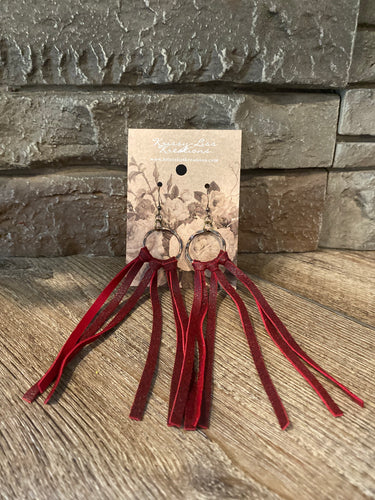 Dark Red Leather Fringe Circle Earrings