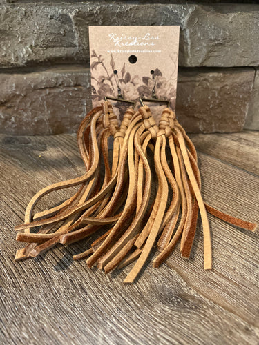 Tan Leather Fringe Triangle Earrings