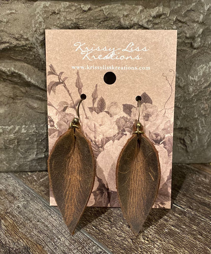 Brown Weathered Leather Leaf Earrings