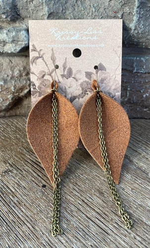 Brown Rough Leather and Chain Leaf Earrings